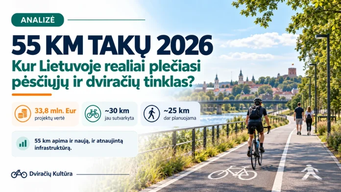 2026 m. pėsčiųjų ir dviračių takų plėtros Lietuvoje analizės iliustracija: 55 km darbų ir 33,8 mln. Eur projektų vertė
