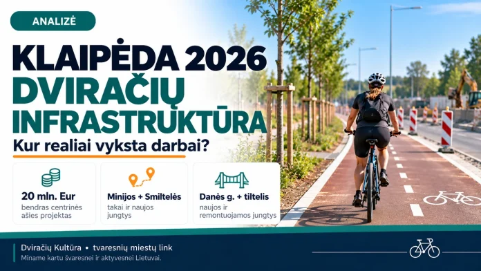 Klaipėdos 2026 m. dviračių infrastruktūros darbų analizės iliustracija su dviratininku ir statomu dviračių taku