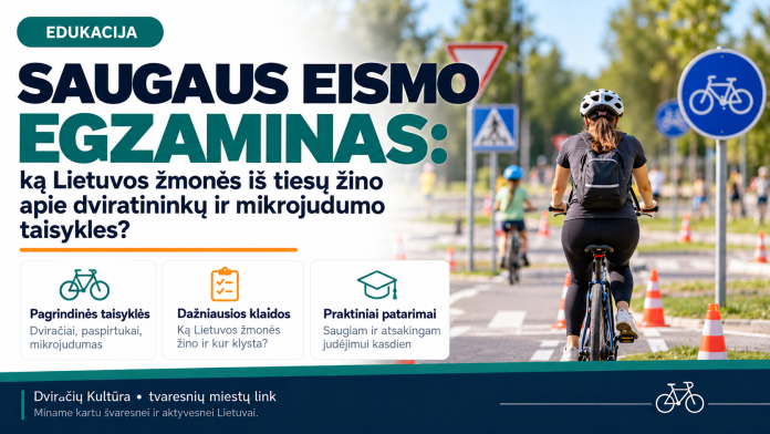 Saugaus eismo egzamino edukacinė iliustracija apie dviratininkų KET taisykles ir mikrojudumo saugumą