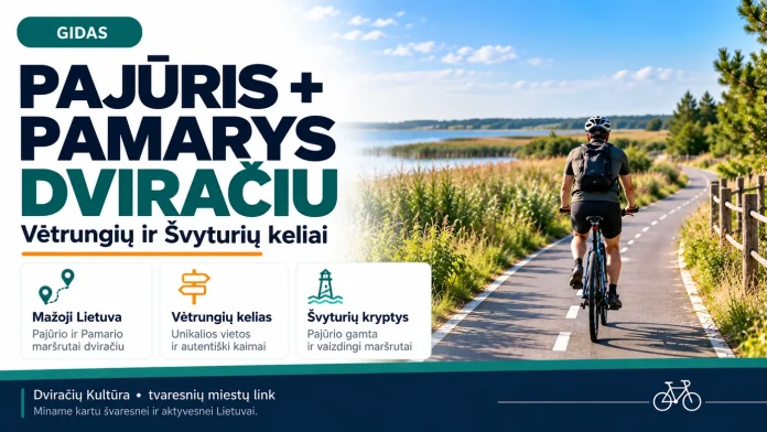 Pajūrio ir Pamario dviračių kelionės gido iliustracija, skirta Vėtrungių ir Švyturių kelių krypčiai